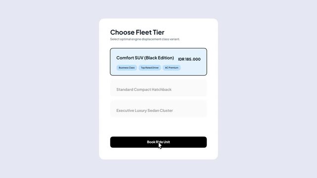 Ride booking mobile application interface design showing vehicle selection and driver assignment flow