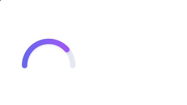 Animated purple and blue semi circle arc loading progress bar indicator over white background