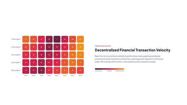 Decentralized financial transaction velocity heatmap grid UI animation on white background
