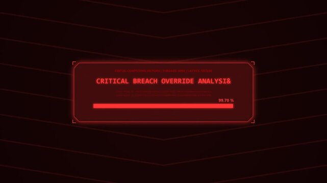 Red alert warning interface executing critical breach override analysis data decryption with loading progress bar