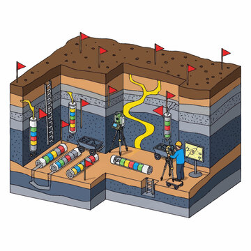 Geological survey cross section showing layers of earth and drilling equipment.