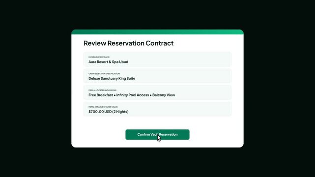 User interface animation showing a successful online hotel room reservation and stay voucher download confirmation screen