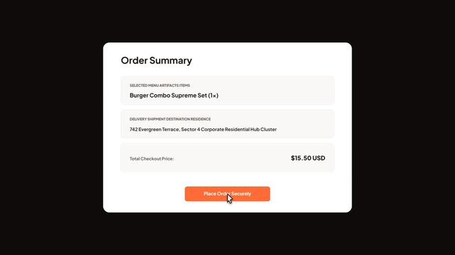 User interface animation showing a successfully confirmed and secured food delivery order with estimated arrival time tracker