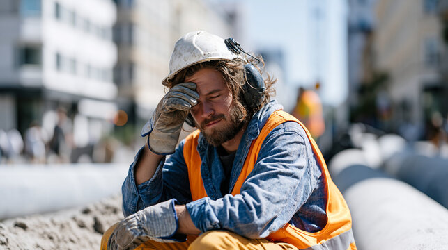 Candid unposed moment of district heating pipe welder pausing at trench edge to wipe brow in summer heat, urban thermal network expansion labor, underground heat distribution