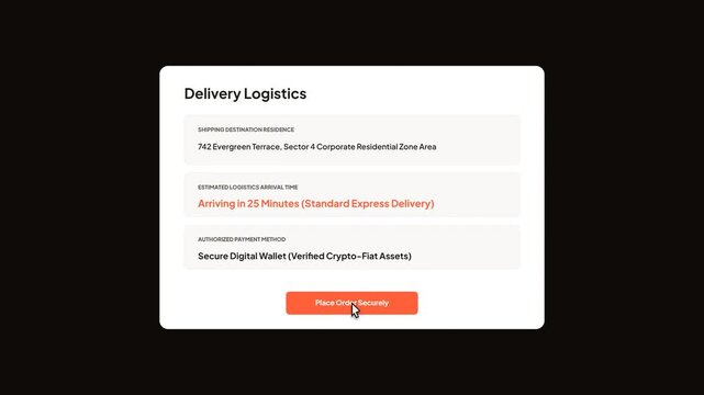 User interface animation displaying a successfully secured food delivery logistics transaction with an estimated delivery arrival time