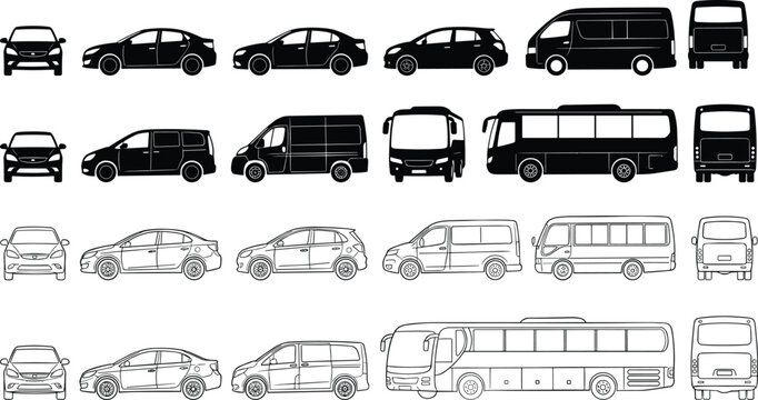 Vehicle silhouette and outline illustration set with cars, vans, buses, compact automobiles, and detailed vector design elements