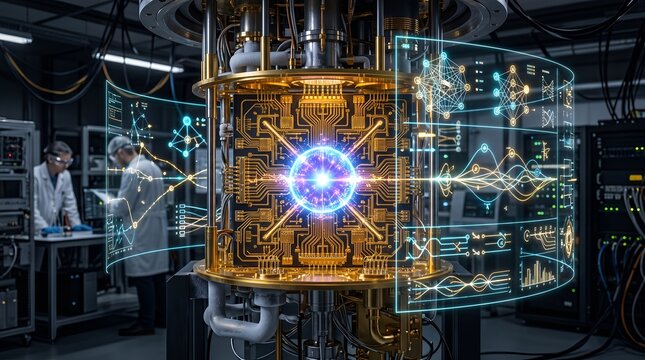 Scientists in lab visualize futuristic quantum computing breakthrough