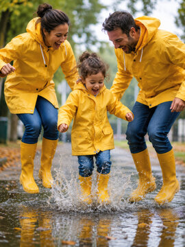 A family wearing matching yellow raincoats and boots joyfully jumps in puddles on a rainy day. Fun outdoor activity and happiness.