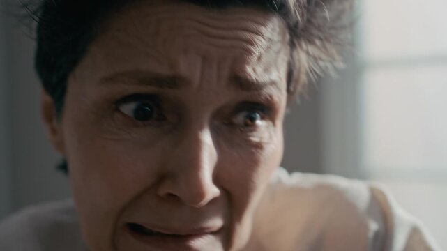 Closeup pf middle aged Caucasian female patient crying and laughing hysterically during manic episode. Video is suitable for mental health awareness campaigns or psychiatric clinic advertisements