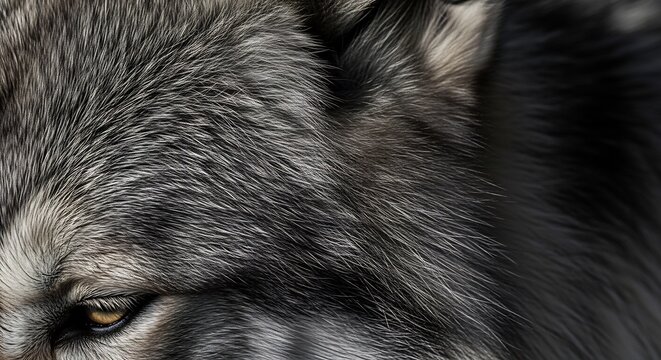 Close-up of a Majestic Gray Wolfs Intense Gaze and Fur Texture.