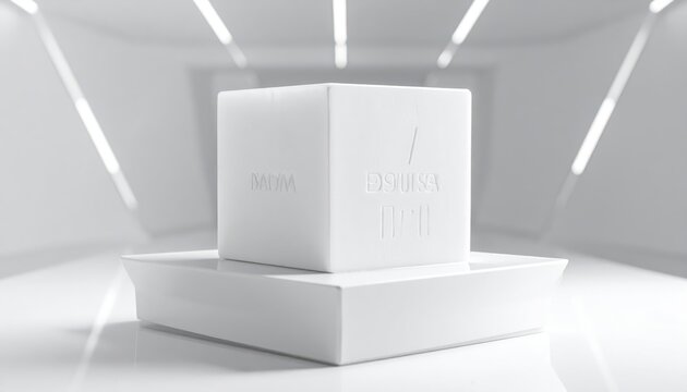 Minimalist white cube with clean precise edges materializing on an anti-gravity platform, presented in a modern studio setting.