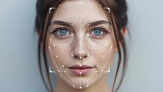 A woman's face with facial recognition technology scanning her features closely.
