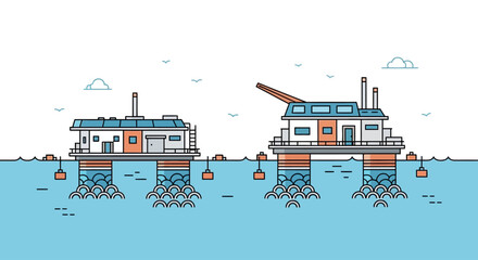 Pixel art illustration of offshore oil rigs. © UMAR