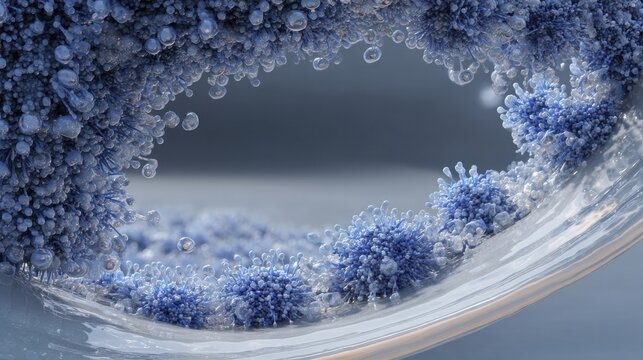 Bacterial halo framing empty external field, rim studded with dense microclusters and fuzzy filaments surrounding open aperture, high contrast scientific render for diagnostic or editorial themes