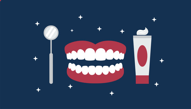 Dental mirror and toothpaste tube flanking a set of white teeth against a dark blue background with scattered white stars for oral hygiene.