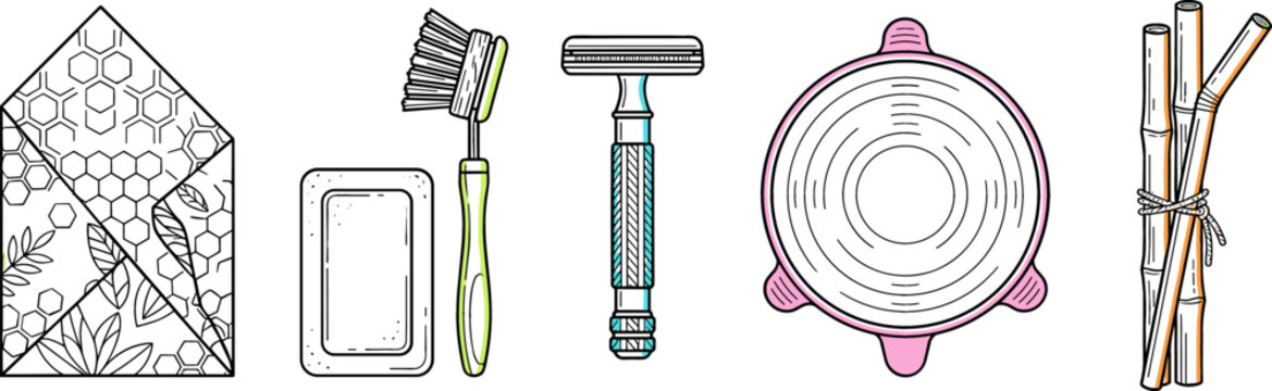Zero Waste Eco Friendly Reusable Household and Personal Care Vector Icon Set Featuring Beeswax Wrap Safety Razor Silicone Lid and Bamboo Straws
