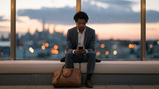 Commuter on elevated train platform squints at microlearning mobile bite sized workplace ethics module during three-minute wait, earbud in one ear, briefcase between feet, urban