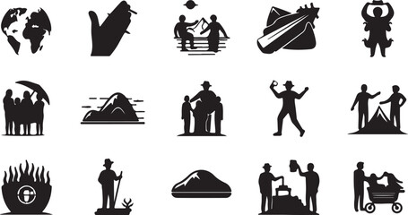 Obraz premium Black silhouette adventure icons set, 15 outdoor travel and hiking vector elements, minimalist nature exploration and camping symbols