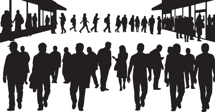 Crowd silhouette vector of people walking in a busy city street, urban pedestrian group silhouettes, black and white human figures in public space
