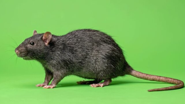 A dark grey rat walks on a green background studio shot.