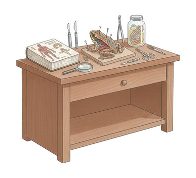 Scientific dissection setup with a pinned frog on a table alongside an anatomy textbook and tools