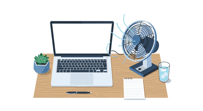 Laptop computer sits on a wooden desk beside a spinning electric fan, a small potted succulent, a notebook, and a glass of cold water with ice.