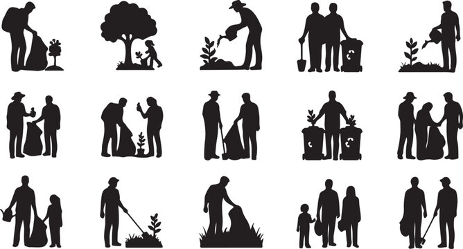 Environmental volunteer silhouettes, 15 black icons of people planting trees and cleaning trash, community service and ecology vector set