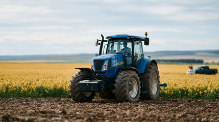 Obraz premium Autonomous tractor completing a tight headland turn at the edge of a canola field, onboard camera array scanning the boundary, farm operator monitoring the operation remotely on a