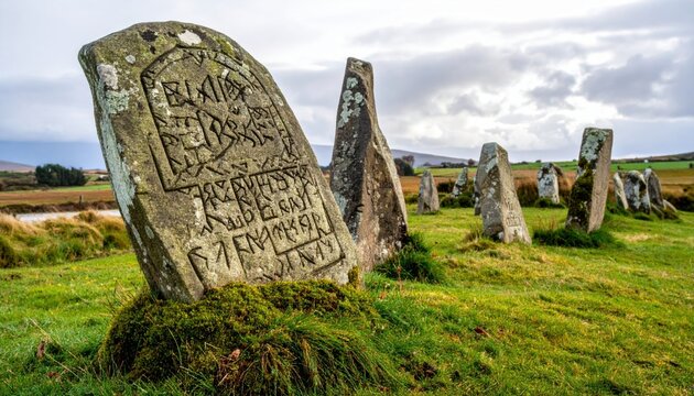 Weathered Norse runestones with Elder Futhark inscriptions standing in a grassy field on a cloudy day