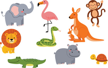 Fototapeta premium Friendly cartoon jungle animals including elephant, lion, monkey, kangaroo, crocodile, flamingo, hippopotamus, snake, turtle, colorful vector illustration for children