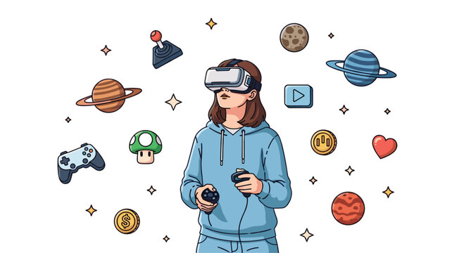 Girl wearing virtual reality headset and holding controllers surrounded by floating space planets, game joystick, and console controller icons.