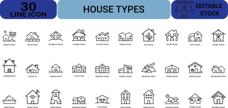 House types icon set featuring various architectural building styles for real estate and home design projects depicted in clean line vector illustration.
