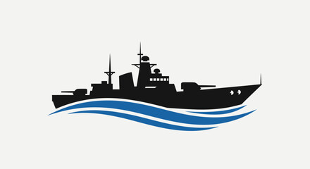 Silhouette of a modern warship sailing on blue ocean waves © nuha