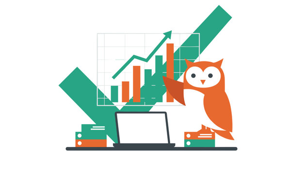 Brown owl standing on a stack of books next to a laptop displaying a rising green bar chart for business growth analysis.