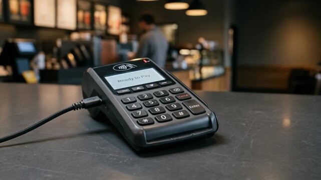 Closeup POS card terminal on a cafe counter displaying Ready to Pay. Contactless NFC, EMV chip, tap‑to‑pay, retail checkout, small business transactions, and secure payment processing technology.