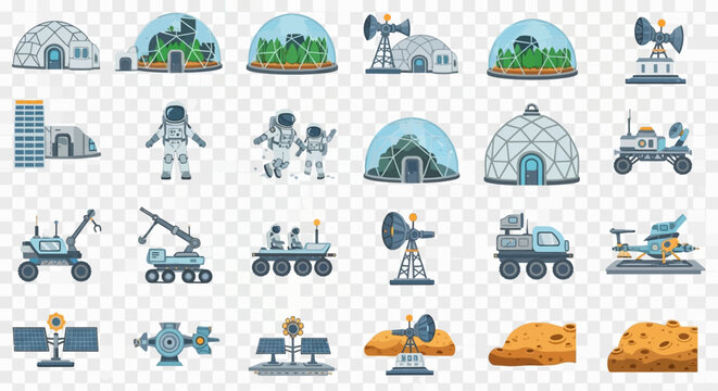 Space Exploration Elements: Domes, Rovers, Astronauts, and Habitats