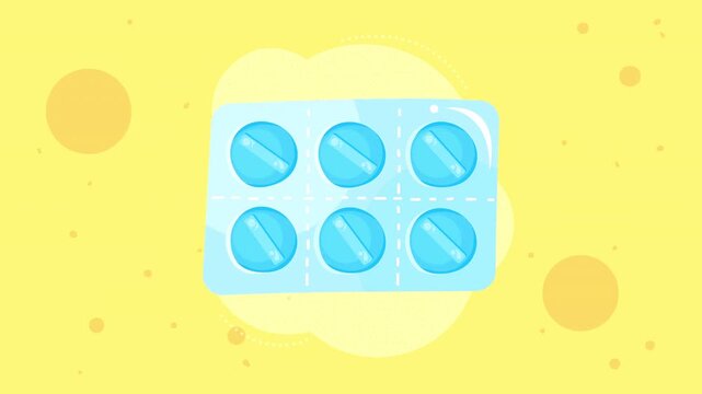 Medicine blister pack animation with round blue pills appearing on a yellow abstract pattern backdrop.