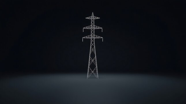 High-Voltage Power Line Tower Silhouette Against Dark Background.
