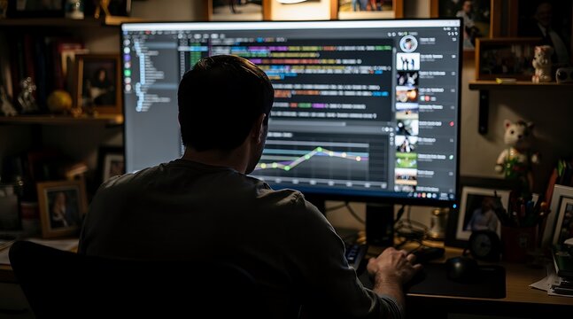 Software developer working on computer code and financial charts at home.