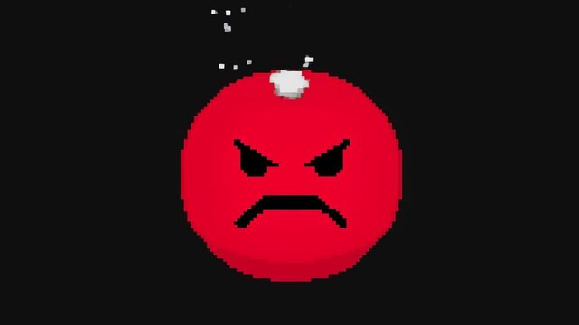 Static shot of red angry emoji animating with steam puffs above face on black background isolated centered minimal studio pixelated retro looped animation