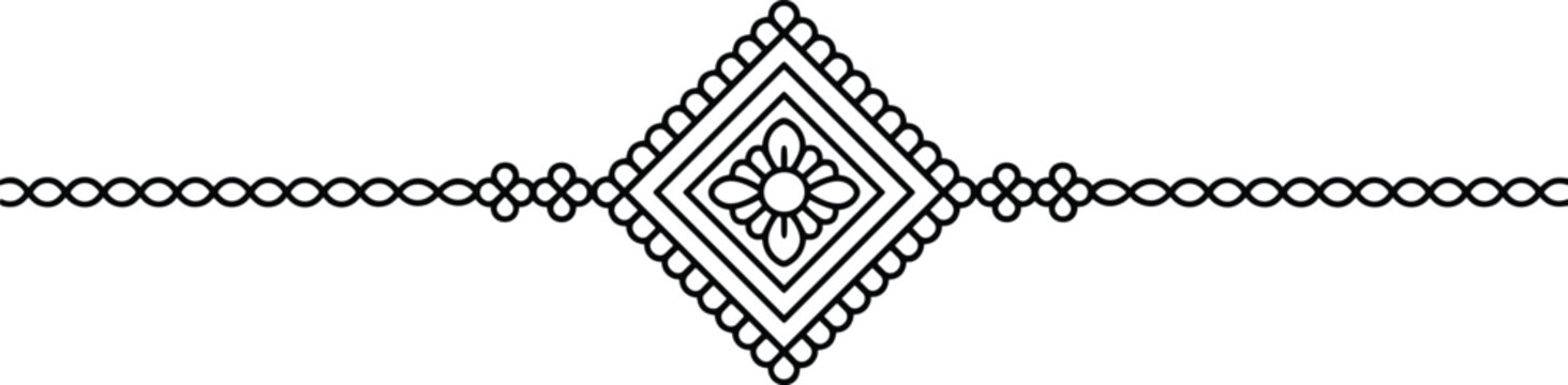 Black and white line of a decorative indian rakhi bracelet with a diamond shaped floral centerpiece on a white background