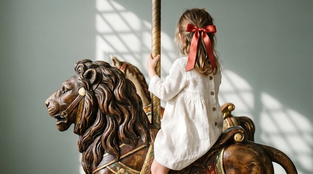 Little girl riding a vintage carousel lion with a red bow in hair