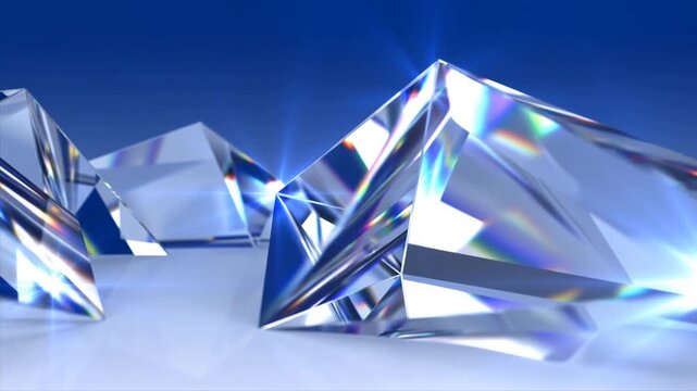Tracking shot dolly forward of crystal prisms glinting and refracting light on reflective tabletop surface in studio with blue background and bright lens flares
