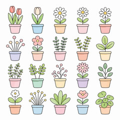 Fototapeta premium Brightly colored cartoon plants in small pots
