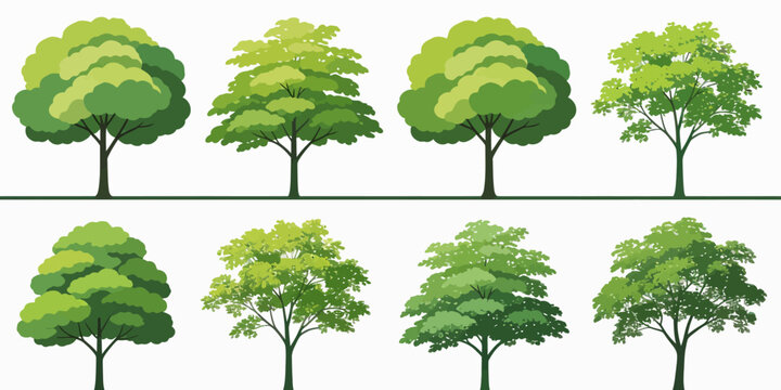 Set of eight cartoon-style trees with varying green shades and leaf patterns