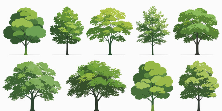 Vector photo of ten green tree silhouettes, different sizes and shapes