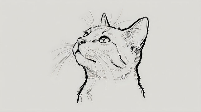 A detailed black and white ink sketch of a curious cat looking up