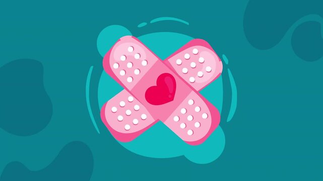 Band aid cross animation featuring a red heart symbol for first aid emergency and medical wound care.