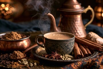 Fototapeta premium Traditional chai tea setup with steaming masala chai, spices, copper kettle, cozy warm lighting, authentic Indian beverage atmosphere