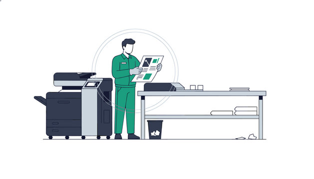 Technician inspects a printed document report while standing next to a large industrial office copier machine.